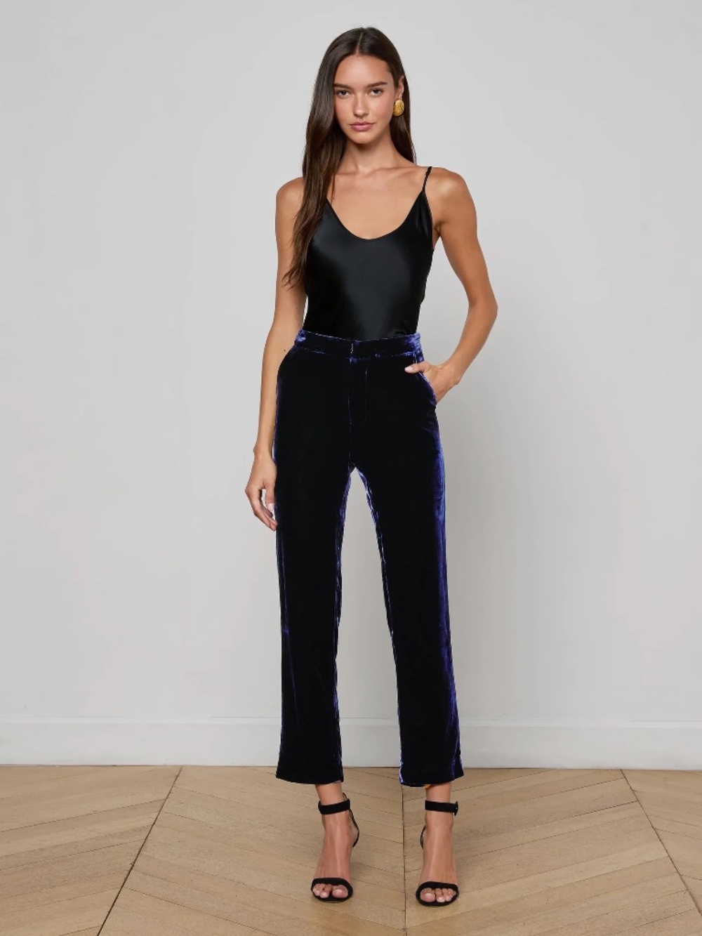 NWT $575 L'Agence Blue Rebel Velvet Trouser In Midnight Size 0